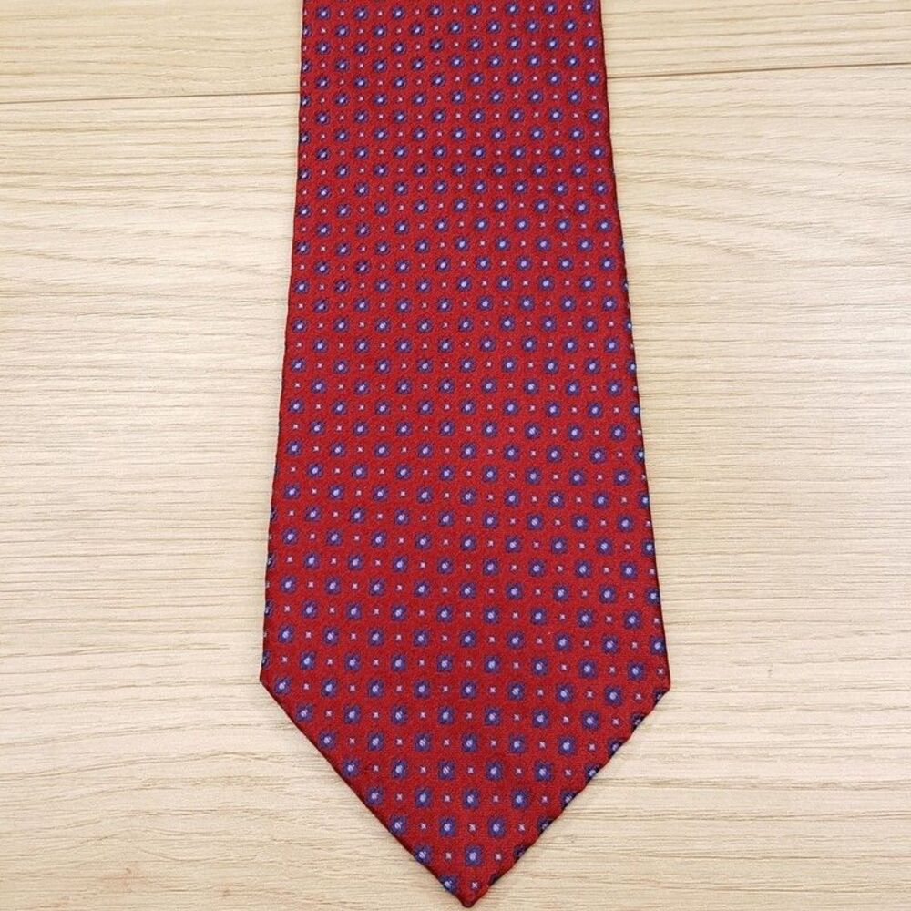 BLOOMINGDALES MENS STORE Neck Tie Red Geo Micro Square Floral 100% Silk Necktie